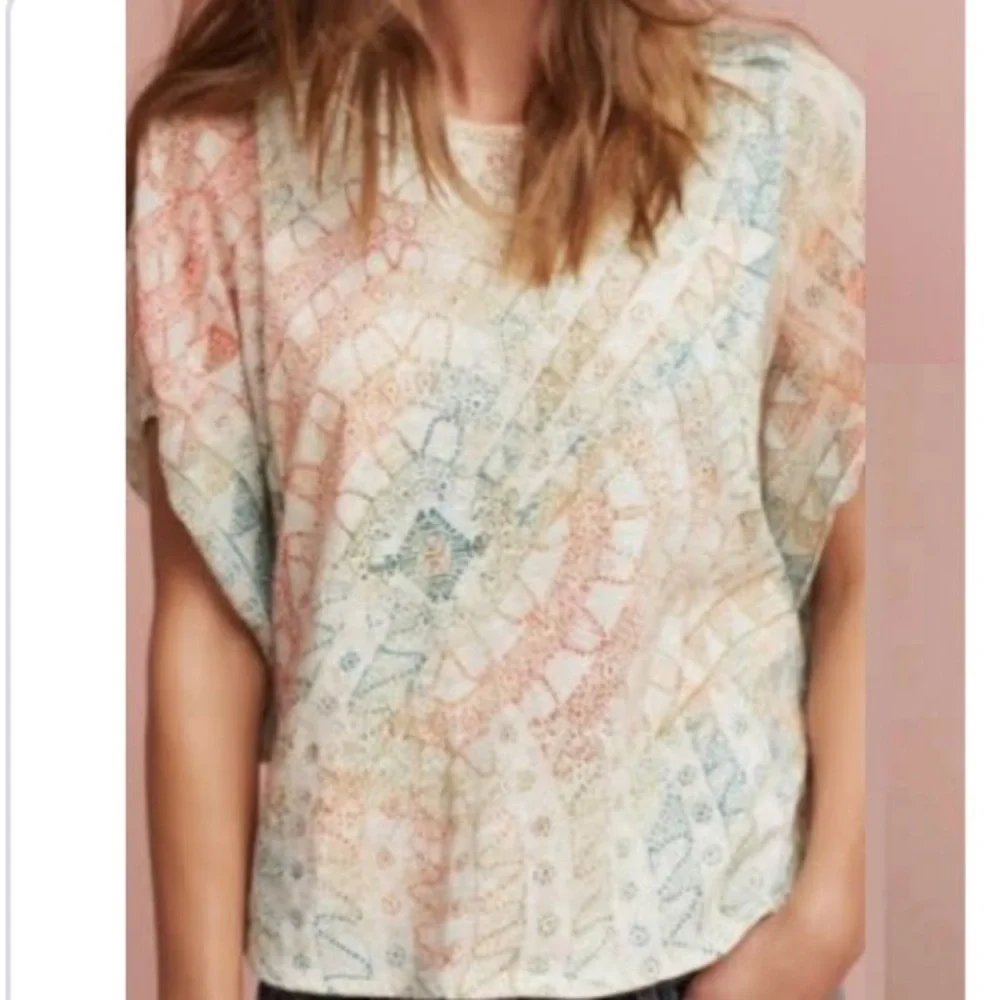 Anthropologie Eri + Ali Brioni Puff Dolman Sleeve Multi Color Cotton Boho Top XS